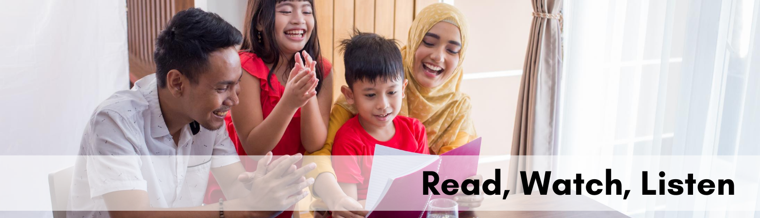 Muslim Family Reading Together with Text 'Read, Watch, Listen'